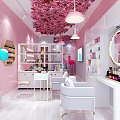 Pink Hair And Beauty Salon Interior With Floral Ceiling White Furniture And Mirrors
