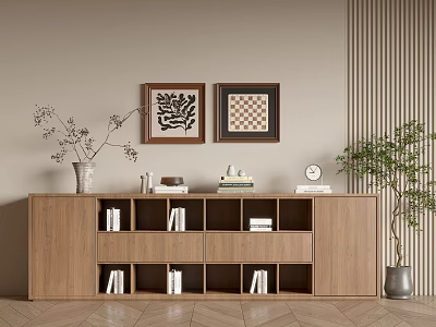Wooden Console Sideboard Cabinet with Decorative Vase Books Framed Artworks Clock and Potted Plant 3d model
