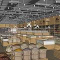 Spacious Bright Supermarket Interior With Wooden Shelves And Various Goods