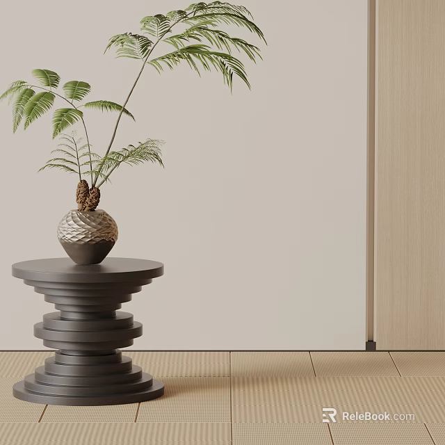Dark Gray Stacked Cylindrical Side Table with Fern Plant in Ceramic Vase against Light Wall 3d model 