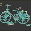 Green Bicycle with Red Seat Colorful Items on Rear Rack and Books on Floor
