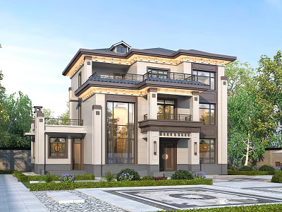 Two Story Modern Detached Villa With Balcony Large Windows And Garden Courtyard 3d model