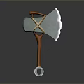 3D Model Axe with White Blade Orange Handle Crossed Brown Straps and Transparent Ring