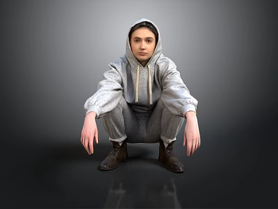 A Man Wearing Gray Hoodie And Gray Pants Squatting On Black Floor With Gray Background 3d model