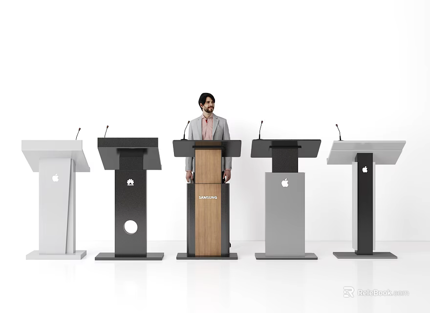 Various Designed Podiums Showcased by Man in Suit With Wooden White Black Gray Finishes 3d model 