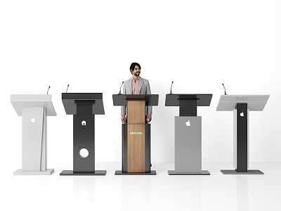 Various Designed Podiums Showcased by Man in Suit With Wooden White Black Gray Finishes 3d model