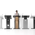 Various Designed Podiums Showcased by Man in Suit With Wooden White Black Gray Finishes