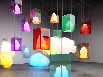 Colorful Transparent Hanging Cubes With Cloud Like Forms And Lighting 3d model