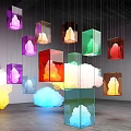 Colorful Transparent Hanging Cubes With Cloud Like Forms And Lighting