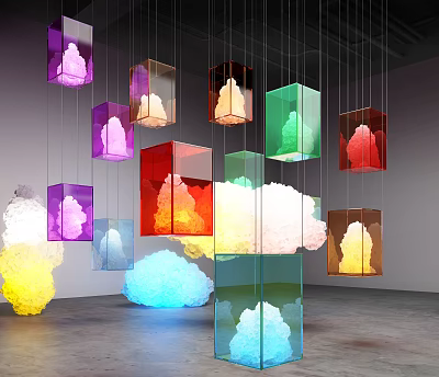 Colorful Transparent Hanging Cubes With Cloud Like Forms And Lighting 3d model
