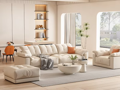Modern Beige Sofa Coffee Table Combination With Orange Cushions Gray Blanket And Ottoman 3d model