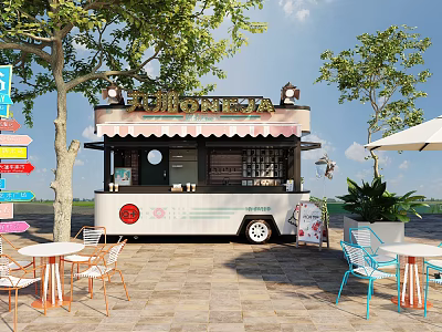 Mobile Commercial Food Truck Equipment With Awning Outdoor Tables And Green Plants 3d model