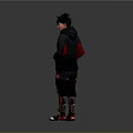 Man In Black Hoodie With White Graphic Black Cargo Pants Red Knee Pads Gray Sneakers