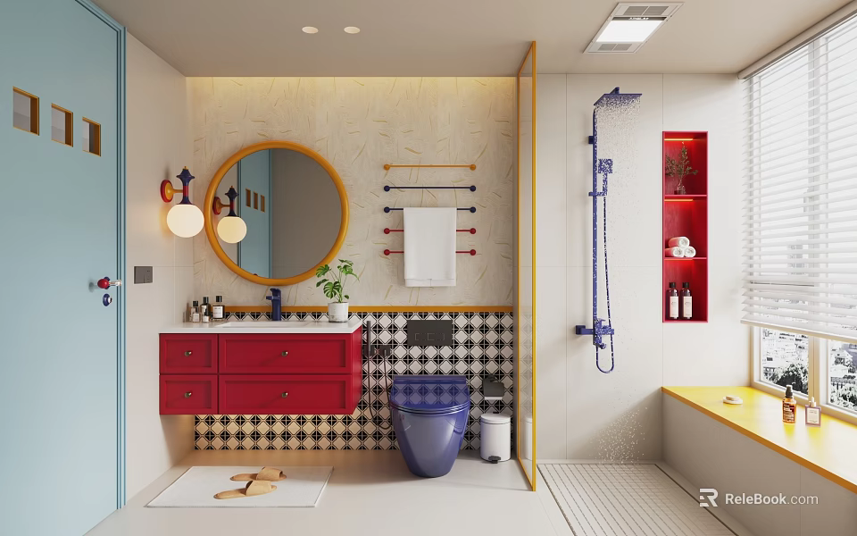 Modern Bathroom Interior With Red Vanity Round Mirror Blue Toilet Yellow Bathtub And Checkered Floor 3d model 