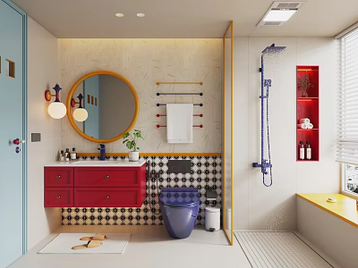 Modern Bathroom Interior With Red Vanity Round Mirror Blue Toilet Yellow Bathtub And Checkered Floor 3d model