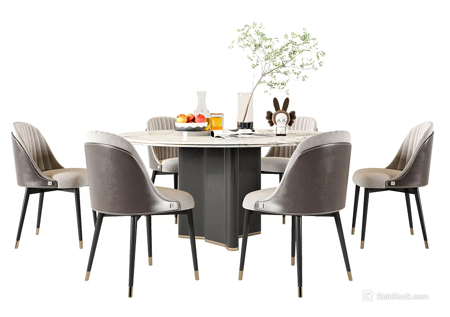 Round Marble Top Dining Table Set With Gray Chairs And Decorative Elements 3d model 