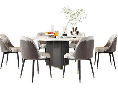 Round Marble Top Dining Table Set With Gray Chairs And Decorative Elements 3d model