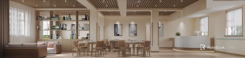 Modern Restaurant Interior With Wooden Slat Ceiling Dining Tables And Abstract Paintings 3d model 