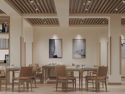 Modern Restaurant Interior With Wooden Slat Ceiling Dining Tables And Abstract Paintings 3d model