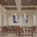 Modern Restaurant Interior With Wooden Slat Ceiling Dining Tables And Abstract Paintings