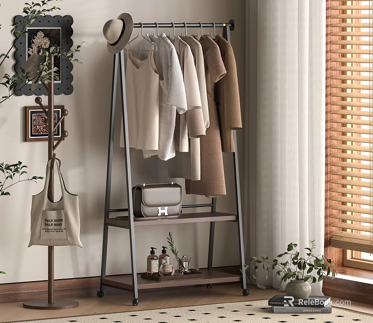 Stylish Clothing Rack with Hanging Clothes Handbag Small Items and Decorative Plant in Home Interior 3d model 