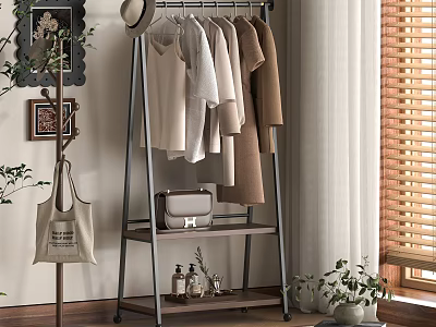 Stylish Clothing Rack with Hanging Clothes Handbag Small Items and Decorative Plant in Home Interior 3d model