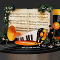 Music Themed Photo Spot With Music Sheets Vinyl Records Piano Keys Horn And Floral Decor