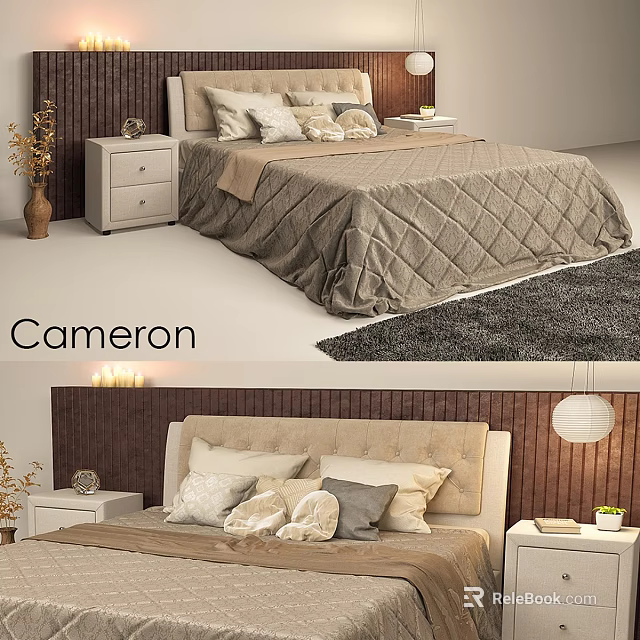 Cameron Bedroom Interior Design With Bed Pillows Nightstand Rug And Wooden Wall Paneling 3d model 