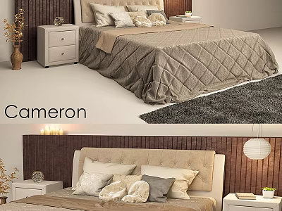 Cameron Bedroom Interior Design With Bed Pillows Nightstand Rug And Wooden Wall Paneling 3d model
