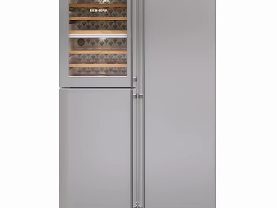 Silver Double Door Kitchen Refrigerator With Built In Wooden Wine Shelves 3d model