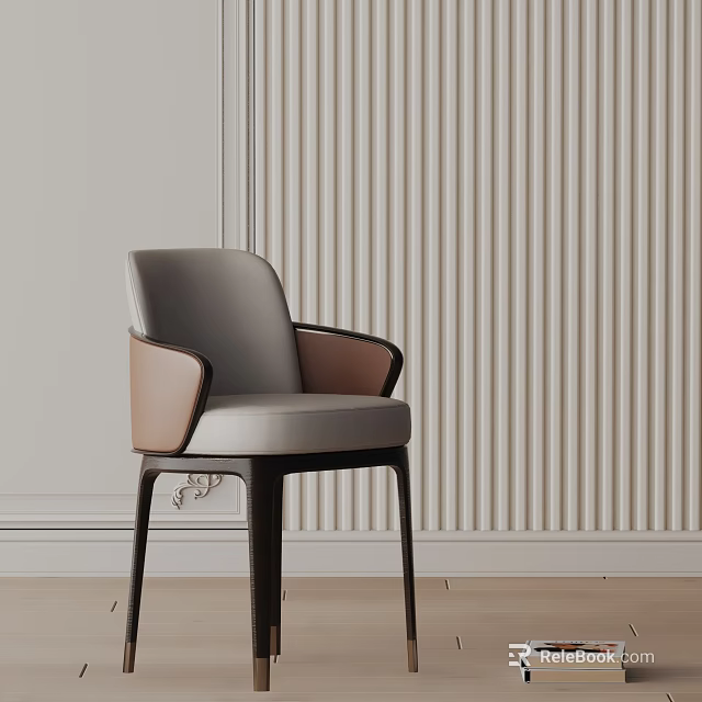 Modern Gray And Brown Leather Dining Chair With Armrests And Dark Wooden Legs 3d model 