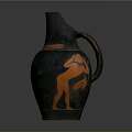 Ancient Black Pottery Sculpture With Handle And Red Human Figure Carving