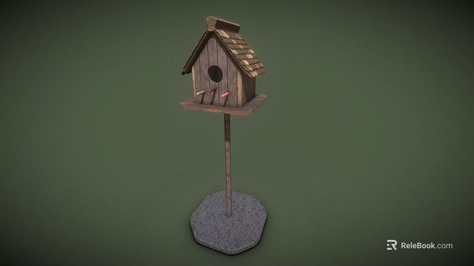 Wooden Birdhouse With Sloped Roof And Stone Base For Garden Birds 3d model 