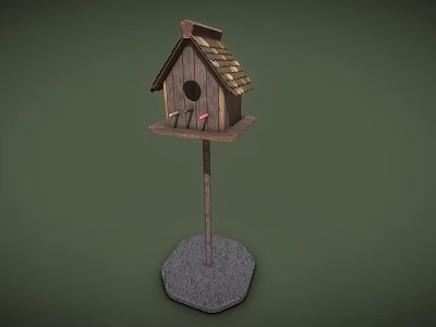 Wooden Birdhouse With Sloped Roof And Stone Base For Garden Birds 3d model