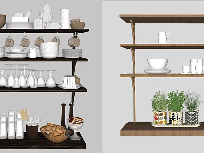 Multi Tiered Storage Shelving Unit with Dishes Cups Bottles and Potted Plants 3d model