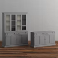 Gray Decorative Cabinet With Glass Doors Drawers Open Shelves And Tableware