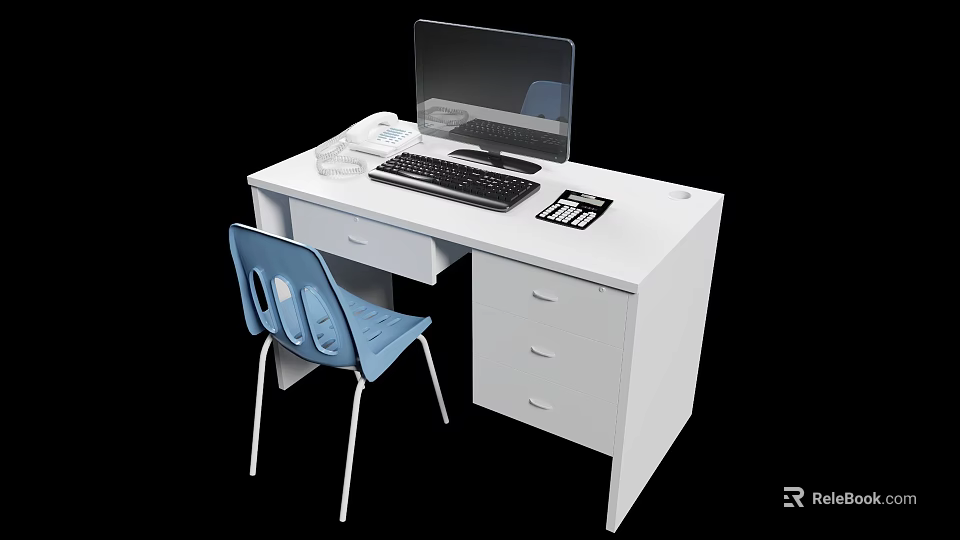 White Office Desk With Computer Monitor Keyboard Mouse Telephone Water Cup And Blue Chair 3d model 