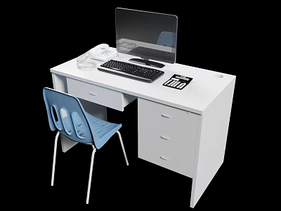 White Office Desk With Computer Monitor Keyboard Mouse Telephone Water Cup And Blue Chair 3d model