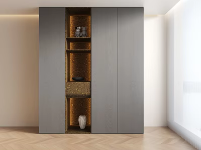 Modern Bookcase Interior Design With Open Shelves Decorative Items And Grey Finish 3d model