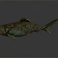 Large Greenish Brown Fish Model With Red Eyes And Textured Skin On Dark Background