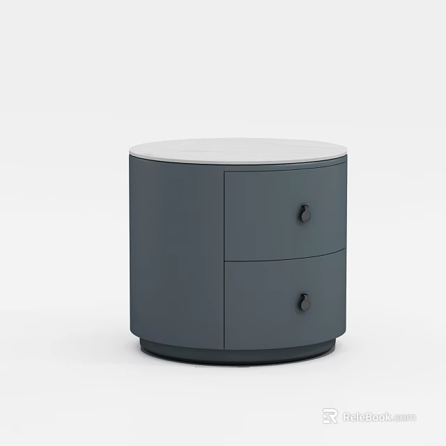 Modern Gray Bedside Table With Two Drawers Round Top And Black Knobs 3d model 