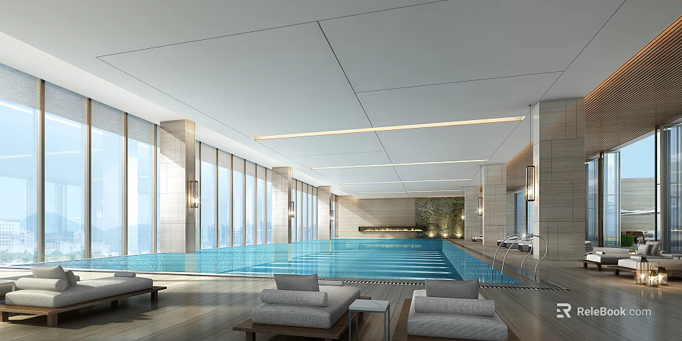 Modern Indoor Swimming Pool with Large Windows Blue Water and Comfortable Loungers 3d model 