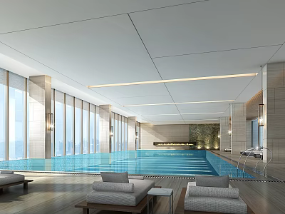 Modern Indoor Swimming Pool with Large Windows Blue Water and Comfortable Loungers 3d model