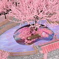 Pink Cherry Blossom Landscape With Pavilion Ferris Wheel And Floating Petals On Water