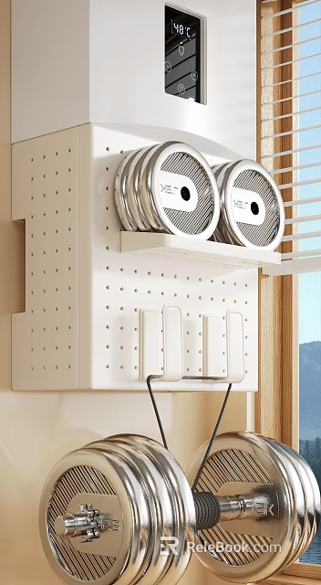 Organized Kitchen With White Pegboard Shelf Silver Circular Items Hooks And Natural Light 3d model