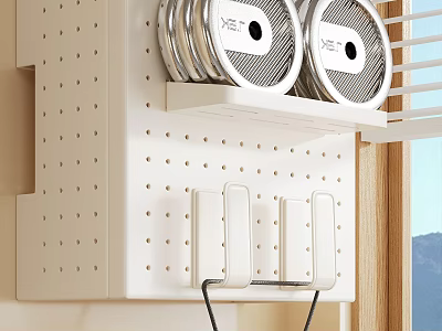 Organized Kitchen With White Pegboard Shelf Silver Circular Items Hooks And Natural Light 3d model