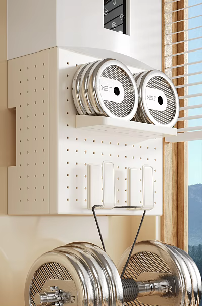 Organized Kitchen With White Pegboard Shelf Silver Circular Items Hooks And Natural Light 3d model