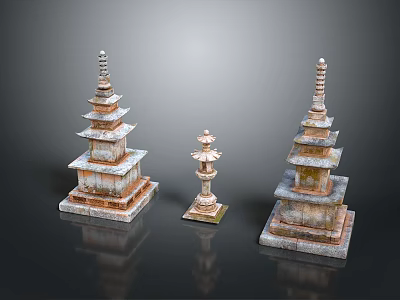 Ancient Traditional Stone Pagodas In Scenic Landscape With Multi Tiered Structures And Various Sizes 3d model