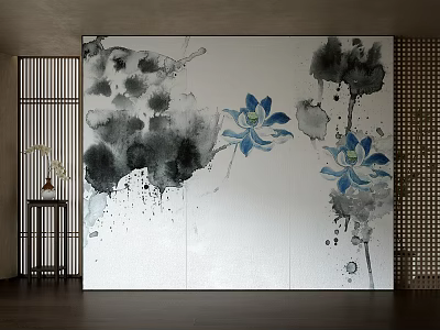 Chinese Style Wall Decor With Ink Wash Blue Lotus Flowers On White Background 3d model