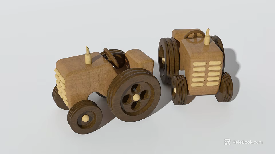 Two Wooden Block Toy Tractors With Round Wheels And Classic Design 3d model 